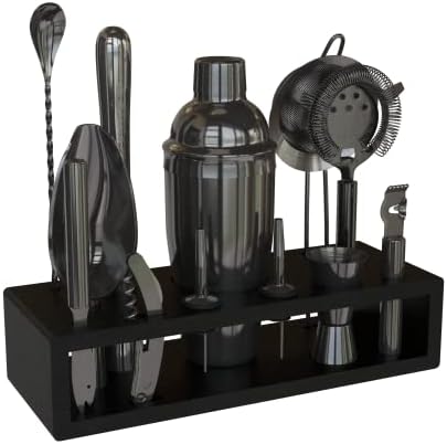 Highball & Chaser 13-Piece Cobbler Cocktail Shaker Set: Black Polished Stainless Steel Bartender Kit for Home Bar Set | Laser Engraved Tools Plus E-Book with 30 Recipes by HighballChaser