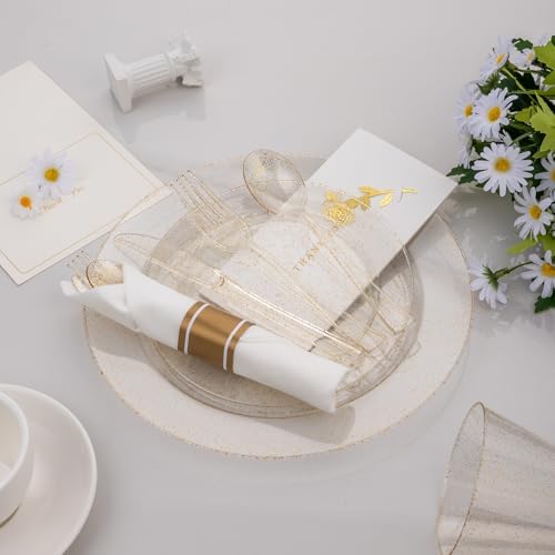 realluck 350 Piece Gold Glitter Plastic Dinnerware Set for 50 Guests, Disposable Plates for Party, Include: 50 Dinner Plates, 50 Dessert Plates, 50 Rolled Napkins with Silverware, 50 Cups - Image 3