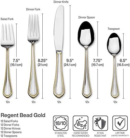 Mikasa, Gold Accent Regent Bead Flatware Service for 12, 65 Piece Set, 18/10 Stainless Steel, Silverware Set with Serving Utensils (Pack of 2) - Image 6