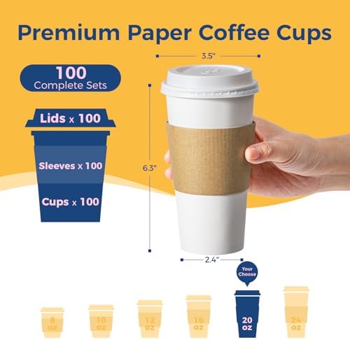 Fit Meal Prep 100 Pack 20 oz Disposable Coffee Cups with Lids, Sleeves, Leak-Proof To Go Coffee Cups with Lids, Durable Hot Paper Cups for Home, Office, Party, Business - Image 2
