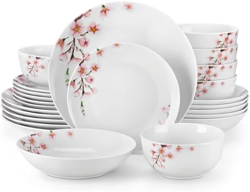 VEWEET 24 Piece Ceramic Plates Bowls Set for 6, Pink Floral Dishes, ANNIE by VEWEET