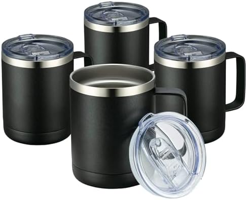 MEWAY 12oz Coffee Mug With Handle 4 Pack Bulk,Stainless Steel Insulated Travel Tumblers With Sliding Lid,Double Wall Vacuum Camping Cup for Hot & Cold Drinks Tea (Black,Set of 4) by MEWAY