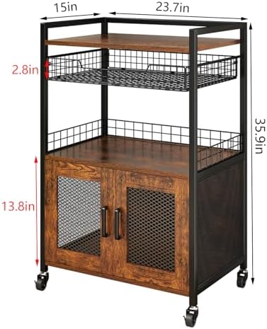 Hencawima Coffee Bar Cabinet, 3 Tier Coffee Station Table on Wheels, 35.9" H Bar Cart with Wire Basket Drawer & 5 Hooks for Home Kitchen, Liquor Buffet Sideboard Cabinet (Rustic Brown) - Image 6