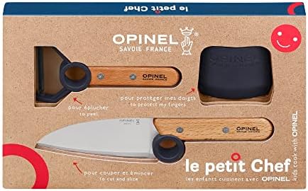 Opinel Le Petit Chef 254641 Kitchen Knife Set for Children, 3 Pieces, in Blue, Chef's Knife, Finger Guard, Peeler by Opinel