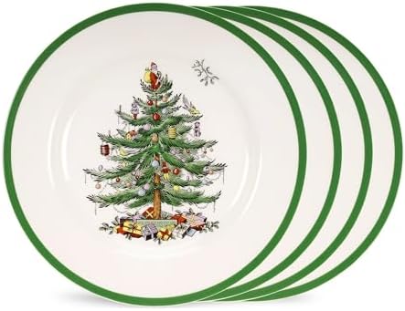Spode Christmas Tree 7.25" Salad Plates Set of 4 | Stoneware - Dishwasher, Microwave, Freezer Safe | Holiday Dinnerware Décor - Gifting Ideas, Gathering Serveware - Appetizer Dessert Dishes by Spode