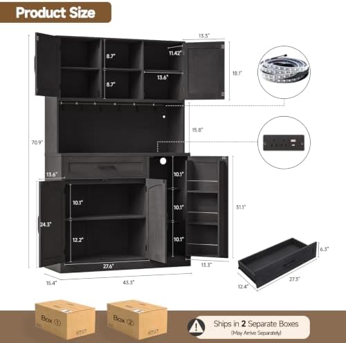 ONBRILL 71" Kitchen Pantry Storage Cabinet with LED Light/Outlet, Black - Image 2