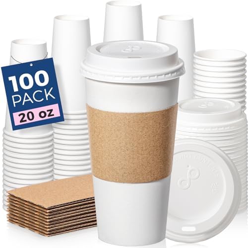 Fit Meal Prep 100 Pack 20 oz Disposable Coffee Cups with Lids, Sleeves, Leak-Proof To Go Coffee Cups with Lids, Durable Hot Paper Cups for Home, Office, Party, Business by FMPBRANDS