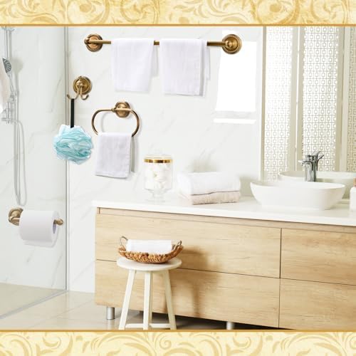 4 Pcs Antique Brass Gold Bathroom Accessories Set Wall-Mounted Towel Rack & Towel Ring & Toilet Paper Holder & Robe Hook, Wall Mounted Brass Vintage Bath Hardware Fixture Set(Style 1) - Image 5
