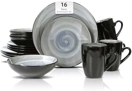 HomeVss, Stoneware Sonoma 16pc Dinnerware Set, Black + Speckled Spin Wash Grey by HomeVSS