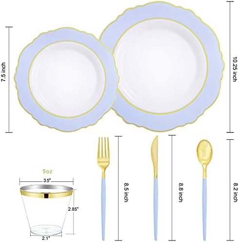WDF 150pieces Baby Blue Plastic Plates with Gold Rim - Disposable Gold Plastic Silverware With Blue Handle-Baroque Light Blue&Gold Disposable Plates Dinnerware for Wedding/Party (Pack of 2) - Image 2