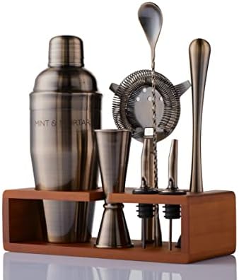 Mint & Mortar Cocktail Shaker Set – 7-Piece Stainless Steel Bartender Kit with Premium Bamboo Stand for Home Bartending - All-in-One Mixology Set for Beginners & Pros (Brushed Gold) by MintMortar