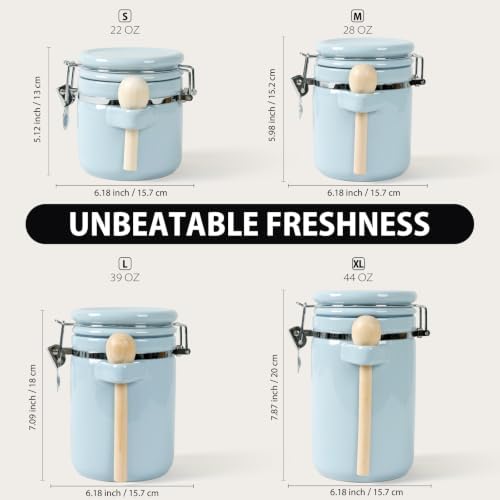 4 Piece Airtight Ceramic Canister Set With Attached Wooden Spoon Reusable Chalk Labels For Dry Goods Sugar Coffee Tea Kitchen Storage Use (LightBlue) - Image 4