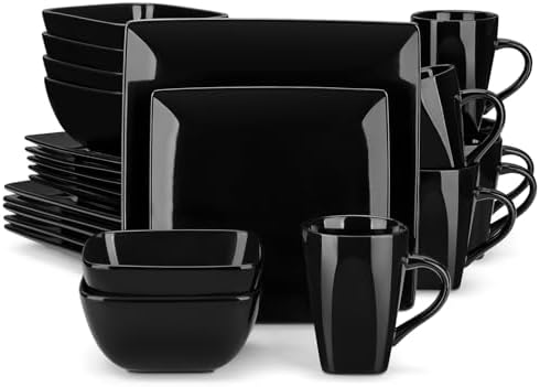 vancasso Soho Dinnerware Sets 24 Pieces, Black Stoneware Square Place Setting, Dinner Plate, Cups and Plates Sets for Kitchen, Dish Set for 6 by vancasso