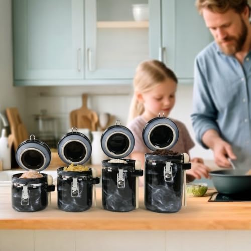 4 Piece Airtight Ceramic Canister Set With Attached Wooden Spoon Reusable Chalk Labels For Dry Goods Sugar Coffee Tea Kitchen Storage Use (Marble Black) - Image 7