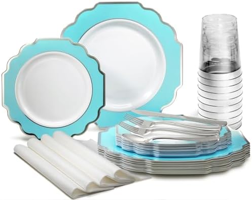OCCASIONS Disposable Plastic Plates for 80 Guests (Imperial Aqua & Silver) by OCCASIONSFINESTPLASTICTABLEWARE