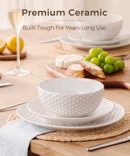 Embossed Ceramic Dinnerware Set for 4, 12-Piece White Plates and Bowls Set, Modern Farmhouse Tableware with 10" & 8" Plates, 26 oz Bowls, Microwave, Oven & Dishwasher Safe - Image 3