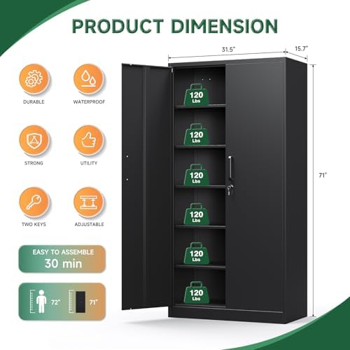 Letaya Metal Storage Cabinets with Lock Doors,Tall Locker Organizer Steel Garage Cabinets, 5 Adjustable Layers Shelves for Home, Office, Warehouse,Tool,Industrial(Black) - Image 3