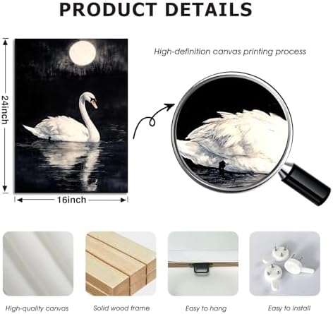 Doqueodas Vintage White Swan on Black Background Canvas Wall Art16x24 inch - Image 4