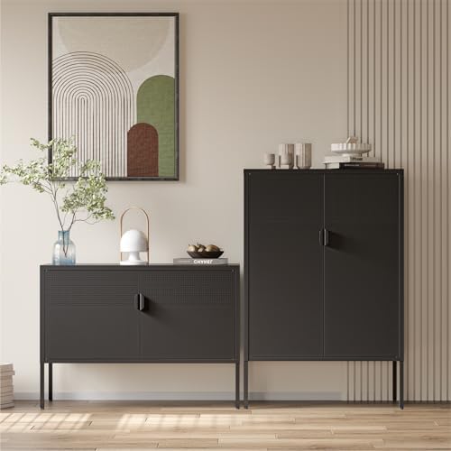 COFaR Black Metal Cabinet with Adjustable Shelves, 47”H Industrial Buffet Sideboard & Coffee Bar Station, Ventilated Steel Storage Cabinet with Magnetic Doors for Kitchen, Office, Living Room - Image 3