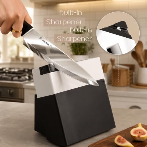 Astercook Knife Set, Kitchen Knives with Block and Sharpener 15 Pcs German Stainless Steel Sharp Blade Dishwasher Safe with Ergonomic Handle, Elegant Black - Image 5