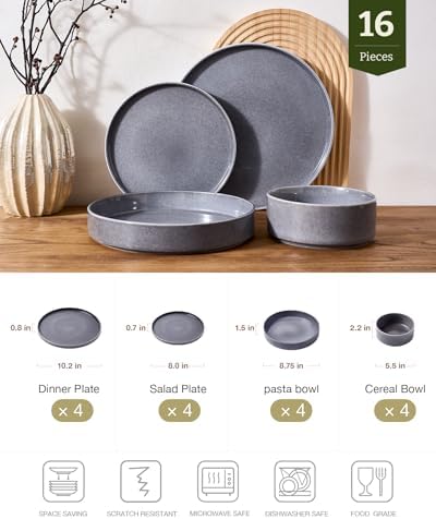 Famiware Annecy 16-Piece Dinnerware Set with Pasta Bowls, Misty Blue - Image 2