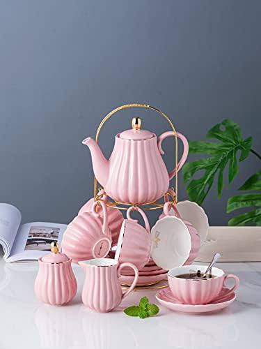 Jusalpha Porcelain Tea Set- 8 OZ Coffee/Teacup, Saucer, Cup Holder, Pink - Image 3