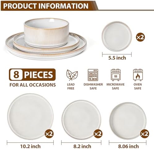 LIANYU 8 Piece Stoneware Plates and Bowls Dishes Set for 2, Dinnerware Sets with Pasta Bowls, Ribbed Dining Ware Dishware for Home Wedding, Microwave and Dishwasher Safe, Dawn Beige - Image 2