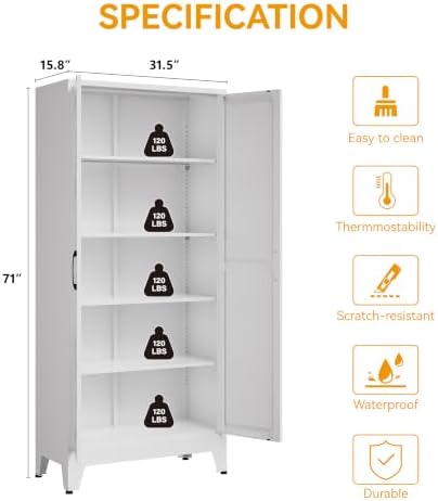 COFaR Metal Kitchen Cabinet with 2 Door and 4 Adjustable Shelves, 71" White - Image 3