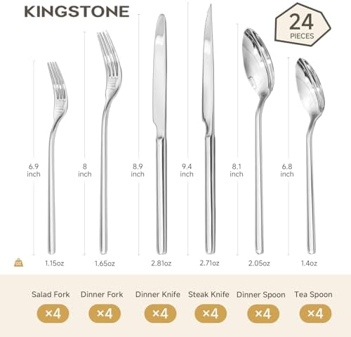 KINGSTONE 24-Piece Silverware Set with Steak Knives, Flatware Set for 4, 18/10 Stainless Steel Tableware Cutlery Set for Home Restaurant, Mirror Finish,Modern Design - Image 2