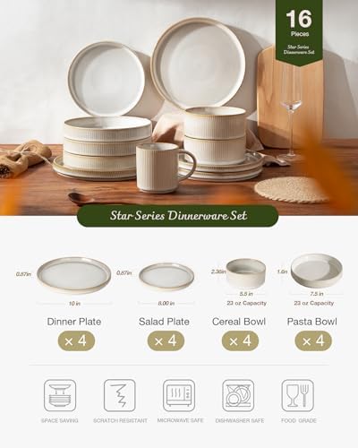 Famiware Star Stoneware Dinnerware Sets with Pasta Bowls, 16pc Dishes for 4 - Image 3