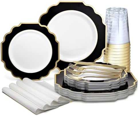 OCCASIONS Disposable Plastic Plates for 120 Guests (Imperial Black & Gold) by OCCASIONSFINESTPLASTICTABLEWARE