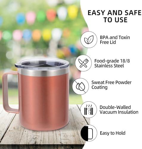 Volhoply 14oz Insulated Stainless Steel Coffee Mug with Lid Bulk 2 Pack,Double Wall Vacuum Travel Coffee Cup with Handle,Reusable Cups Tumbler,Camping Mugs Keep Hot,Ideal Gifts(Rose Gold,2) - Image 4