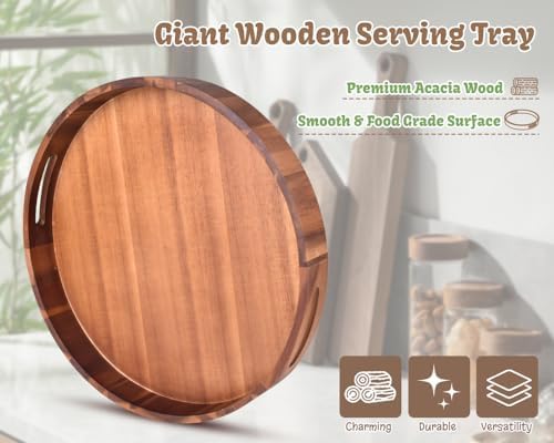 Large Round Wood Serving Tray, Wooden Trays with Handles for Ottoman Table, Vintage Acacia Tray Circle Wood Tray for Indoor Outdoor Organization and Decoration, Including 4 Round Wooden Coasters - Image 2