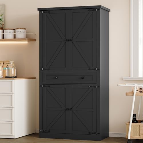 BORNOON Pantry Organizers and Storage Cabinet, 67.7” Barn Door Black Kitchen Cabinet with Drawers and Adjustable Shelf, Tall Pantry for Kitchen, Dining Room, Living Room by BORNOON