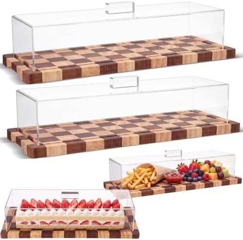 Mifoci 2 Pack Acacia Wood Checkerboard Cake Stand Serving Tray with Acrylic Lid, 15 x 6 x 4 Inches Charcuterie Table Display Set, Dessert Serving Tray Set for Bakery, Buffet, Home Party & Restaurant by Mifoci