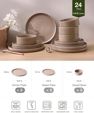 Famiware Nebula Plates and Bowls, 24-Piece Dinnerware Set, Cinnamon Brown - Image 2