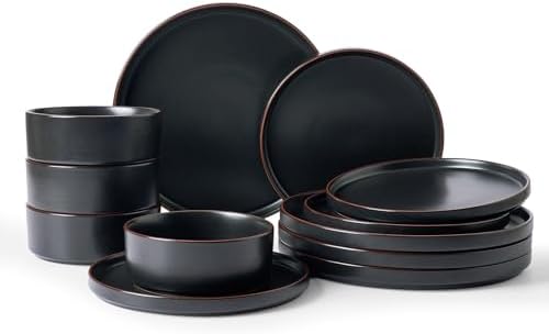 Famiware Nebula Ridge 12-Piece Stoneware Dinnerware Set, Matte Black by Famiware