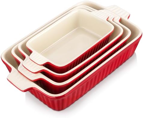 MALACASA Ceramic Casserole Baking Dishes Set of 4, Red with Handles by MALACASA