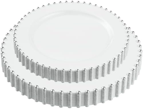 PLASTICPRO 32 Piece Combo Plastic Dinner Plates Disposable Plastic Fancy Heavy Duty Party Dishes 7 inch and 10 inch, White and Silver Beaded by PLASTICPRO