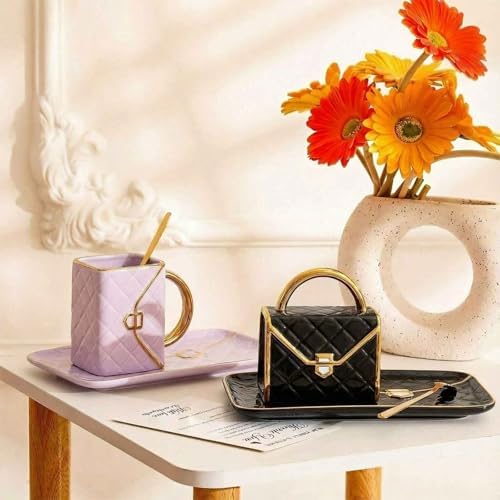 Zubebe 2 Set Coffee Mug Elegant Handbag Shaped Cup,Purple,Black - Image 3