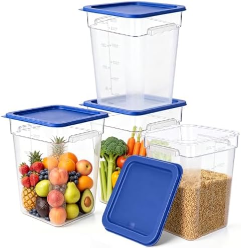 4Pack - 22QT Food Storage Containers with Lids & Handles, Polycarbonate Clear Airtight Food Container with Scale Marks for Bread Proofing, Flour, Commercial Grade, Restaurant & Kitchen, Square, Blue by FIRMDKWEED