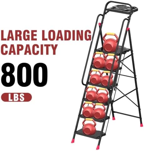 6 Step Foldable Step Ladder with Roomy Tool Tray & Secure Handrail, Wide Pedals Platform Stool 800lbs Capacity for Adults Home Kitchen - Image 4