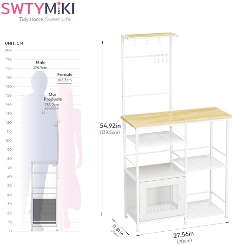 SWTYMIKI Bakers Rack with Storage - Coffee Bar Cabinet Organizer with 8 Hooks, Shelves & Cabinet Door, Coffee Station for Kitchen Dining Room, Microwave Stand with Adjustable Feet, White - Image 2