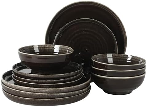 Gibson Elite Eclipse Swirls Plates and Bowls Sets, 12-Piece Stoneware Dinnerware Sets, Reactive Glaze Dish Set - Black by GibsonHomewares
