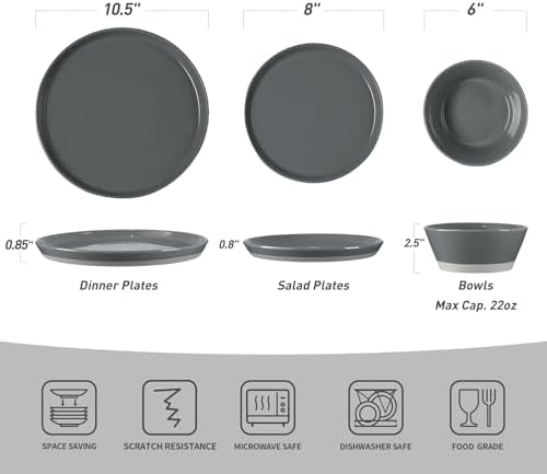 Famiware Saturn Dinnerware Sets for 4, 12 Pieces Stoneware Plates and Bowls Dish Set - Chip and Scratch Resistant, Microwave and Dishwasher Safe Tableware, Dark Gray - Image 6