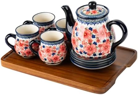 polish pottery style porcelain ceramic 10 piece Tea set,7.2oz tea cup and sauce set of 4,28.2oz teapot and 1wooden tray (Snow and Plum) by ONECCI