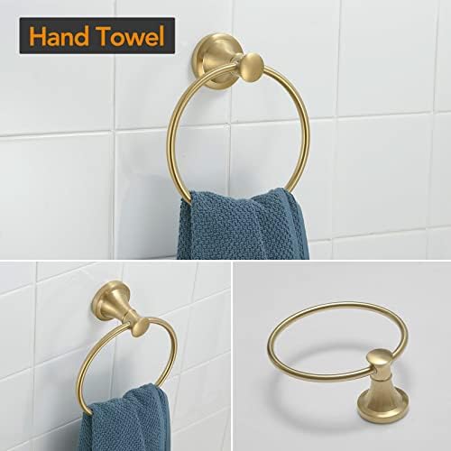 BESy Brushed Gold 4 Piece Bathroom Accessories Set (Single Towel Bar, Towel Ring, Toilet Paper Holder, Double Towel Hooks), Wall Mounted Bath Hardware Accessory Fixtures Set - Image 3