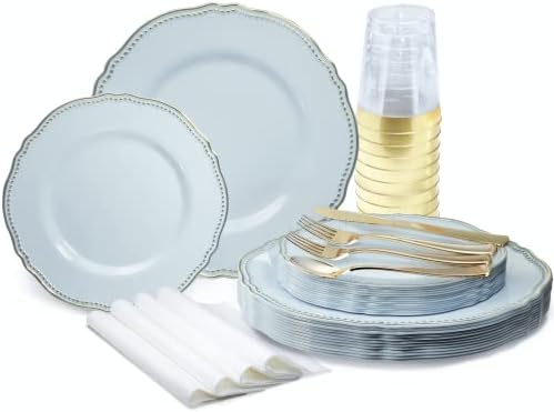 " OCCASIONS " 640pcs set (80 Guests)-Heavyweight Wedding Party Disposable Plastic Plate Set -80 x 10.25'' + 80 x 7.5'' + Silverware + Cups + Napkins (Rochelle Blue and Gold) by OCCASIONSFINESTPLASTICTABLEWARE