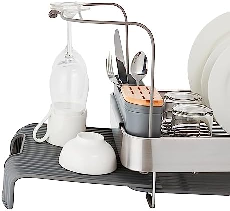 KitchenAid Compact to Full Size Expandable, Rust Resistant Satin Coated Dish Rack with Angled Self Draining Drain Board and Removable Flatware Caddy, 24-Inch, Charcoal - Image 4