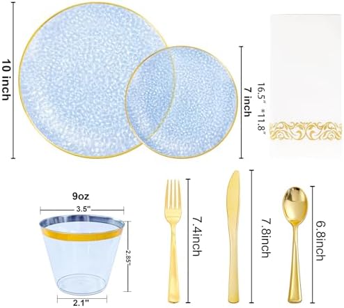 Rubtlamp 350 Pcs Clear Blue Plastic Plates, Blue Gold Plastic Dinnerware Set (50 Guests), Blue Disposable Plates With Gold Rim, Hammered Party Plates Set for Wedding And Party - Image 2